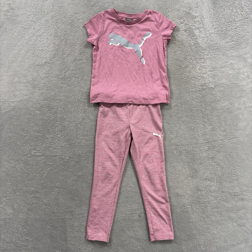 PUMA Girls 2-Piece Outfit Set Sz 5 Pink Logo Short Sleeve w Matching Pants